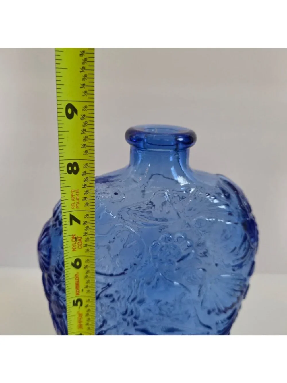 Blue Embossed Glass Vase Bottle With Seashell & Floral Design Coastal Décor